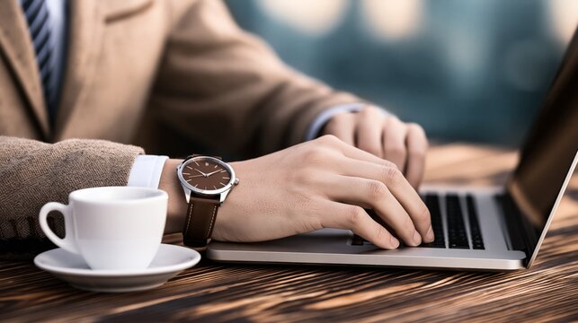 Professional person working on laptop with coffee and stylish watch.