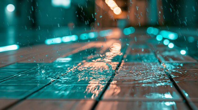 Raindrops splashing on a tiled surface, creating beautiful reflections in ambient light.