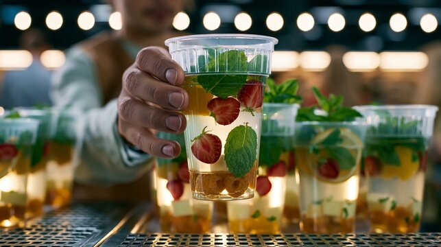 Refreshing beverage served with fresh fruits and mint in a vibrant cocktail party.