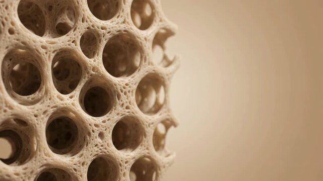 Macro video of an abstract beige organic porous structure with intricate circular holes against a neutral background.