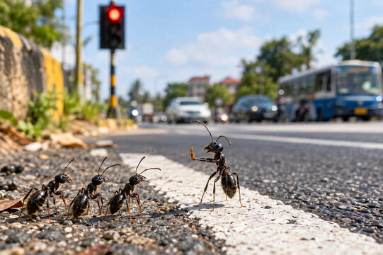 Funny Macro Photo of Four Ants at Pedestrian Crossing
