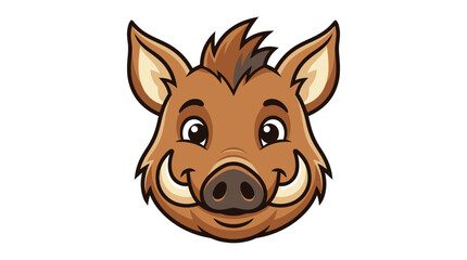 Obraz premium Cheerful Wild Boar Head Vector Illustration Featuring a Friendly Cartoon Hog Mascot with Large Tusks and a Smiling Expression Isolated on a Plain White Background.