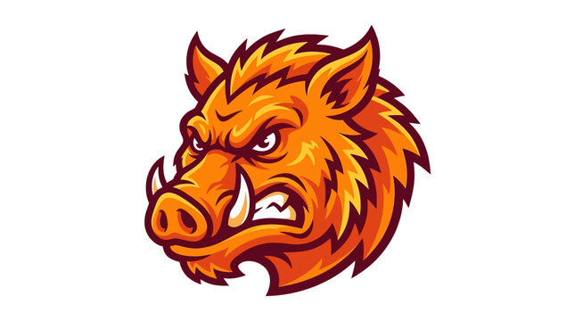 Aggressive wild boar mascot head vector illustration. Fierce orange swine face with sharp white tusks and angry expression for sports team logo or gaming avatar branding.