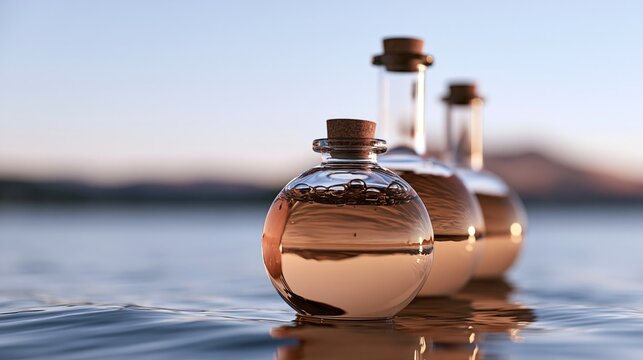 Three elegant bottles reflecting scenic nature beside calm water at sunset.