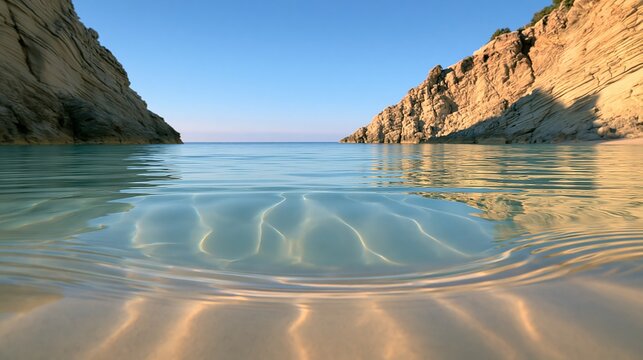 Tranquil beach scene with clear blue water and rocky coastline under a serene sky.