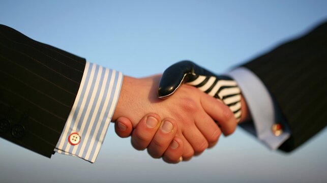 Two business professionals shaking hands in a successful agreement outdoors.