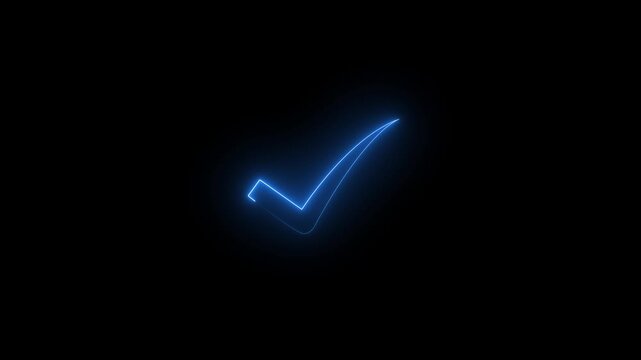 Glowing neon check mark blue colour  icon animation on black .Motion Graphic 4k Video.