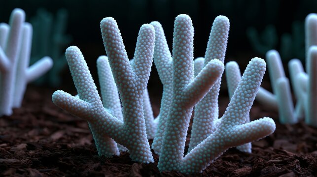 Underwater scene featuring vibrant white coral structures in a serene ocean environment.