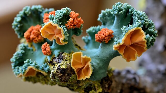 Vibrant and colorful coral-like lichen growing on a tree bark, nature's intricate beauty.