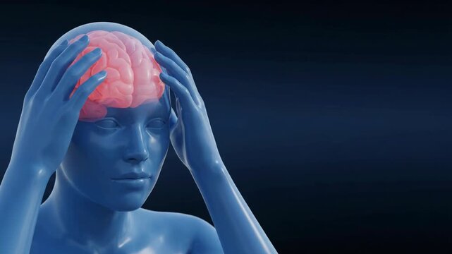 3D animation of a blue anatomical human model holding its head with a visible brain representing a headache or mental stress.