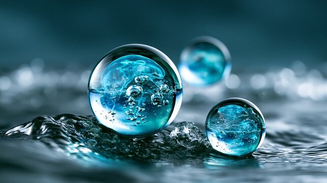 Water bubbles reflecting light in a serene aquatic environment.