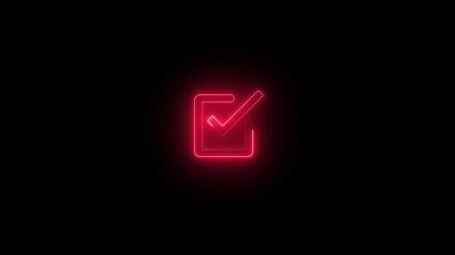 Neon square red colour check mark icon animation showing a positive symbol and tick mark. Bright glowing neon square with a checkmark appearing smoothly on dark or black background. 