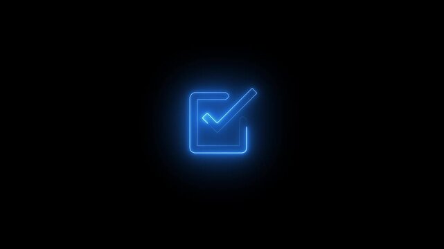 Neon square blue colour check mark icon animation showing a positive symbol and tick mark. Bright glowing neon square with a checkmark appearing smoothly on dark or black background. 
