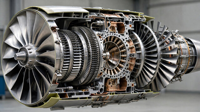 Internal view of modern jet turbine engine with blades and combustion chamber