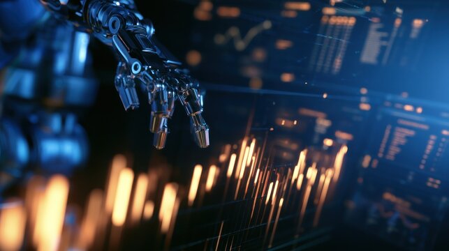 Robotic arm interacting with glowing data streams and financial charts