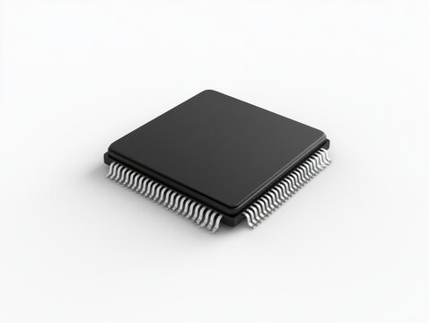 Single black integrated circuit chip on white background
