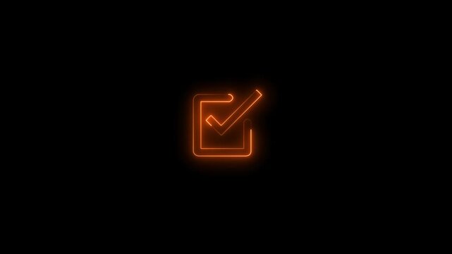 Neon square orange colour check mark icon animation showing a positive symbol and tick mark. Bright glowing neon square with a checkmark appearing smoothly on dark or black background. 