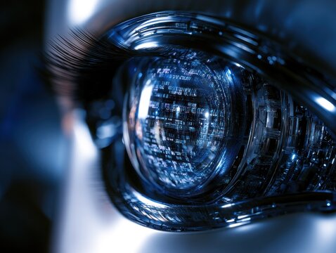 Close up macro of a futuristic robotic eye with glowing blue circuits and digital data reflecting