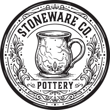 Vintage pottery badge with ceramic mug illustration on a textured background