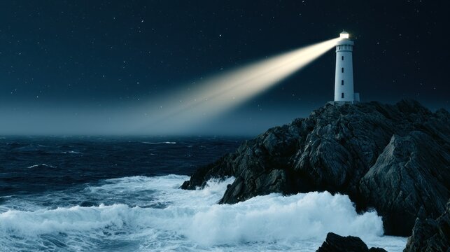 Lighthouse beam cuts through dark night sky over stormy sea on rocky coast