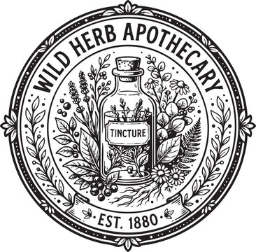 Wild herb apothecary emblem featuring botanical leaves and mortar pestle