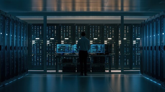 Man in server room with glowing blue lights and multiple computer screens