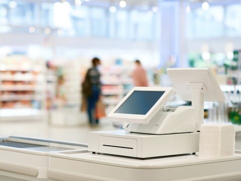 Modern cash register with touchscreen display in blurred retail store interior