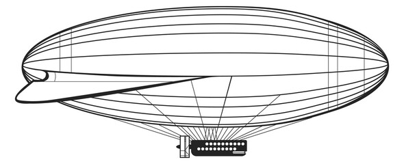 Retro travel airship drawing. Zeppelin line engraving © vectortatu