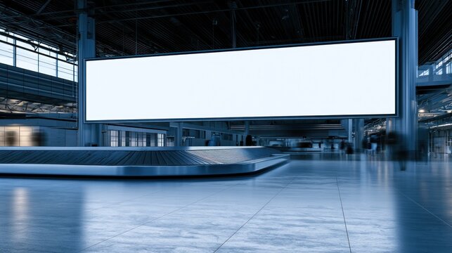 Blank digital billboard above baggage claim conveyor belt in modern airport terminal