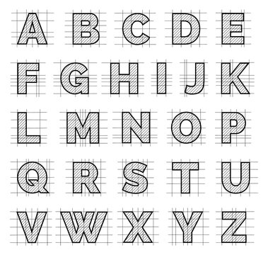 Blueprint style font. Decorative alphabet. Architectural type