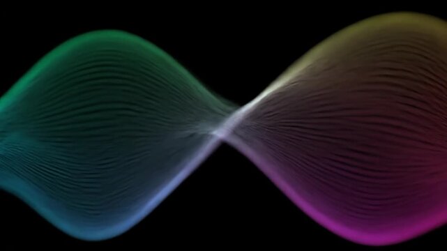 A flowing, abstract form comprised of numerous thin, parallel lines, against dark background. The lines fade through spectrum