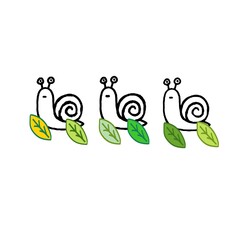 Cartoon snail leaf illustration featuring three playful snails with spiral shells and colorful leaves, simple line art design perfect for children’s artwork, decorative patterns, textile motifs, greet © Ketsara