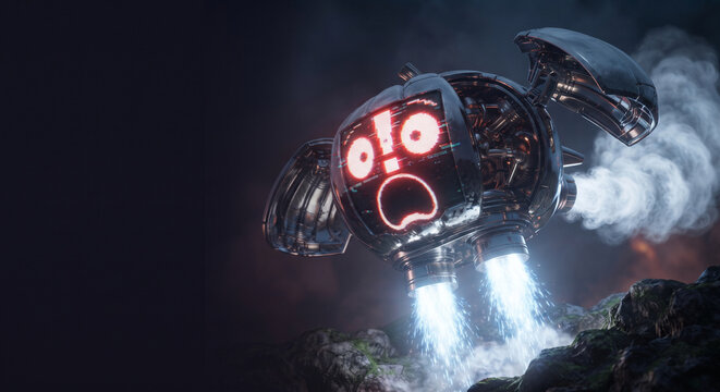Cute metallic robotic pumpkin drone showing a shocked pixel face on its monitor screen.