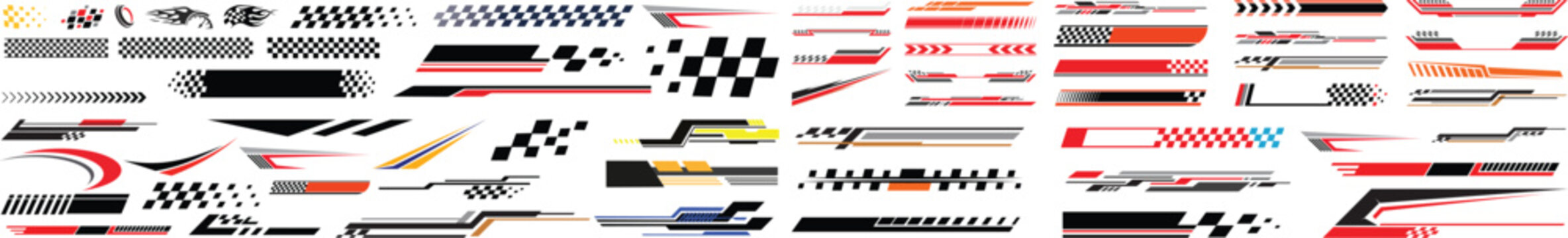 racing stripe vector set, race car vector, checkered flag designs, racing stripe speed, decal patterns, dynamic lines, competition, automotive graphics, black and white finish line motorsport