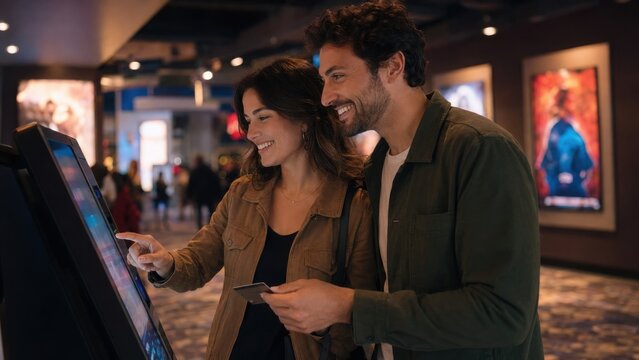 Couple interacting with digital kiosk inside a movie theater, selecting film options, colorful movie posters displayed in the background