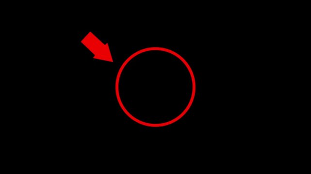 Red circle icon with down right arrow, attention mark and highlighting target animation.