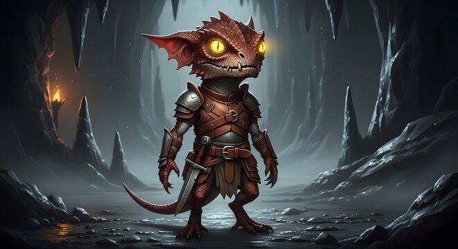 Small dragon warrior in armor standing in dark cave with glowing eyes and sword in dungeon fantasy concept