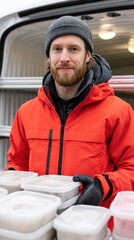 Fototapeta premium Male delivery worker in bright orange jacket holds containers of food outside refrigerated van, with interior lighting visible and storage shelves in the background