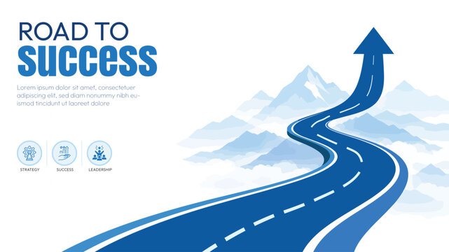 Road to success concept with a blue arrow road curving upwards towards mountain peaks growth arrow mountain background progress