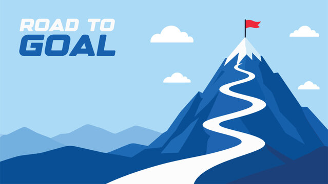 Road to goal illustration with a winding path leading to a mountain peak with red flag victory flag climbing path uphill