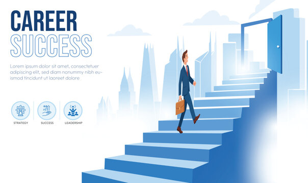 Businessman walking up stairs towards an open door representing career success in a city landscape with climbing stairs