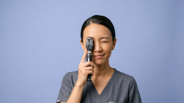 Ophthalmologist performing an eye exam with a direct ophthalmoscope