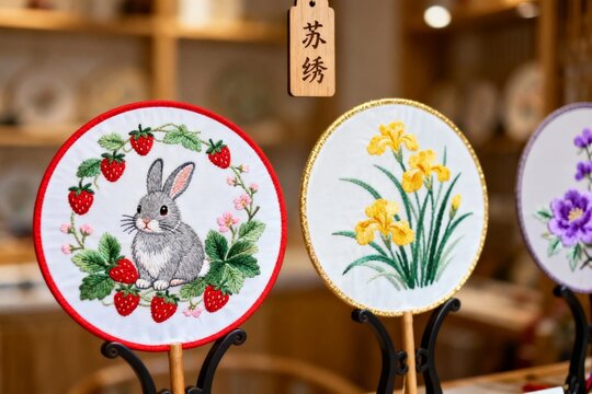 Chinese Suzhou Embroidery Fans with Rabbit and Flower Designs
