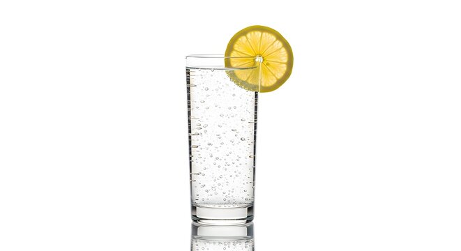 Glass of sparkling carbonated water with bubbles and lemon slice isolated on white background