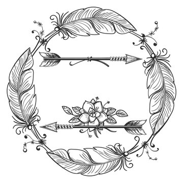 Boho decorative wreath. Feather arrow frame sketch