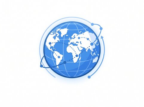 Blue globe map illustration with orbital lines and connection nodes on white background