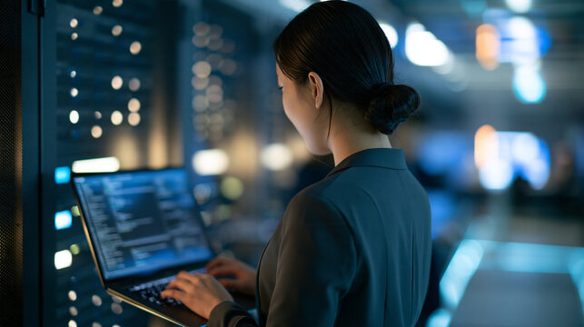 Asian female it specialist viewed from behind, holding a laptop computer near a server rack cabinet, updating firmware and checking server performance, bright modern data center