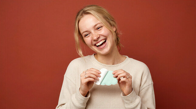 Young woman laughing while holding a cloud-shaped skincare patch