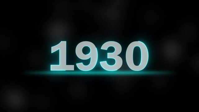 year 1930 glowing neon typography number on dark background. 1930 year timeline digital graphic with cyan glow effect. glowing blue 1930 text animated motion graphic background.