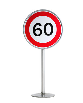 Standard 60 speed restriction road sign isolated on white